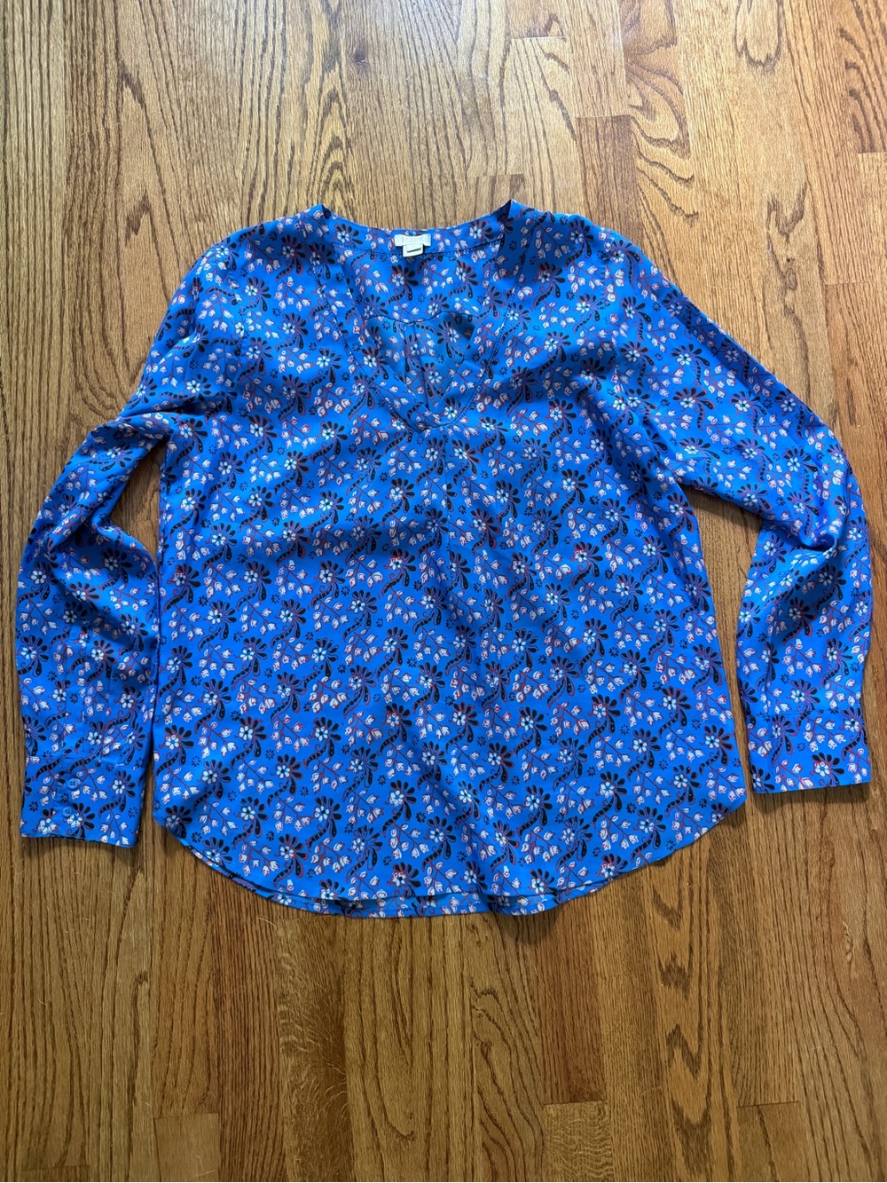 J Crew Factory Popover Blue Floral Printed V Neck Peasant Blouse Top M